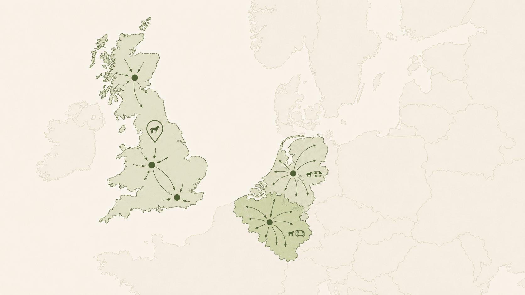 Kaart van het Verenigd Koninkrijk, Nederland en België — in het VK centrale locaties waar U met Uw paard naartoe komt, in Nederland en België komen wij op zone-dagen naar het paard toe